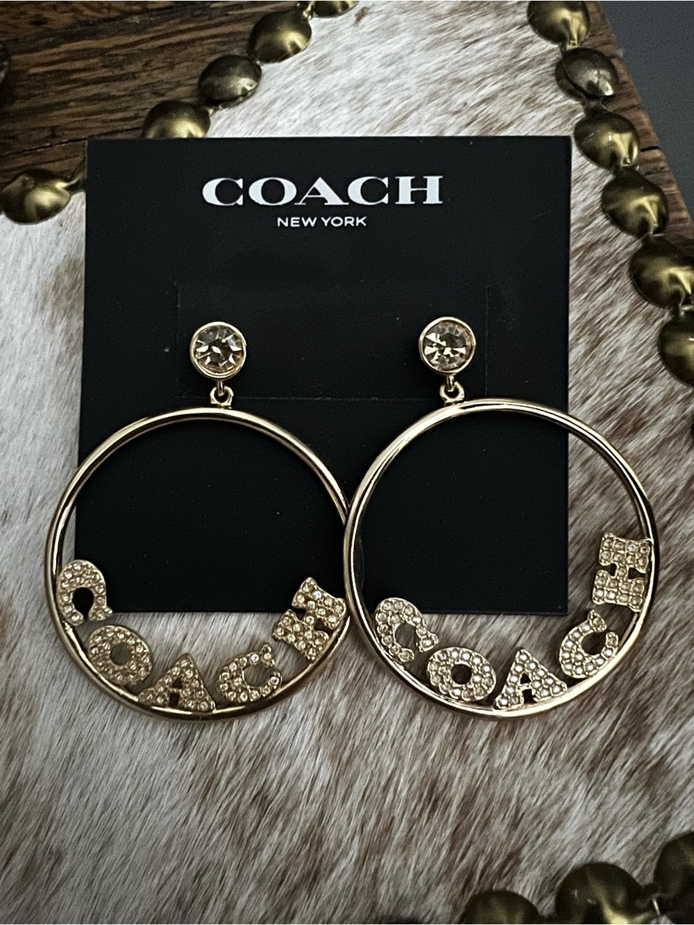Coach Gold Crystal Logo Hoop Drop Earrings